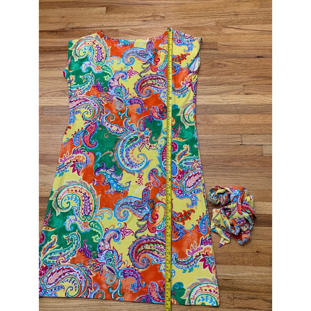Lauren Ralph Lauren Women's Yellow Orange Paisley Print Belted Sheath Dress L - Picture 5 of 9